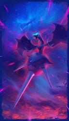  blue_eyes claws dragon highres joannazelle naganadel no_humans open_mouth pokemon pokemon_(creature) pokemon_focus purple_wings sky star_(sky) starry_sky stinger twilight wings 