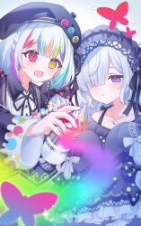  2girls :d absurdres bare_shoulders beret black_hat black_jacket black_ribbon blue_dress blue_hairband bow bug butterfly collarbone collared_shirt colored_tips commentary_request contrast_collar crescent crescent_necklace dress dress_bow frilled_dress frilled_hairband frilled_sleeves frills gothic_lolita hair_bow hair_over_one_eye hair_ribbon hairband hat heterochromia highres holding holding_spray_can jacket jacket_partially_removed jewelry jogasaki_noah layered_sleeves lolita_fashion lolita_hairband long_hair long_sleeves mahou_shoujo_no_majo_saiban multi-tied_hair multicolored_eyes multicolored_hair multiple_girls natsume_an-an neck_ribbon necklace nifuji off-shoulder_dress off_shoulder open_mouth polka_dot polka_dot_bow red_eyes ribbon see-through_hair shirt sleeve_bow sleeves_past_fingers sleeves_past_wrists smile spray_can streaked_hair violet_eyes white_hair white_shirt wide_sleeves yellow_eyes 