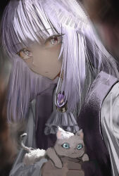  absurdres animal_ears ascot blue_eyes brush_stroke cat cat_ears character_request cokei commentary english_commentary hair_ornament highres jewelry long_hair looking_at_viewer purple_hair shironeko_project solo white_cat 