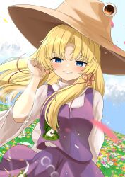  1girl absurdres animal_print blonde_hair blue_eyes blue_sky blush brown_hat clouds commentary_request day falling_petals field flower flower_field flower_request frog_print grin hair_ribbon hat highres k4vqetou long_sleeves moriya_suwako orange_flower outdoors petals pink_flower pink_petals purple_skirt purple_vest red_ribbon ribbon skirt sky smile solo touhou tress_ribbon vest white_flower wide_sleeves yellow_flower 