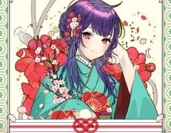  1girl aqua_kimono blush camellia check_flower cherry_blossoms commentary floral_background floral_print floral_print_kimono flower flower_request hair_flower hair_ornament hairclip hand_in_own_hair highres japanese_clothes kimono long_hair long_sleeves looking_at_viewer nanase_suzuna nanase_suzuna_(4th_costume) nijisanji obi print_kimono purple_hair red_flower sash smile solo takayama_shinobu virtual_youtuber white_flower wide_sleeves yellow_eyes 