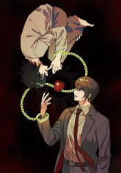  2boys apple chain commentary_request cowboy_shot cuffs death_note fetal_position food fruit grey_jacket highres jacket killerohan l_(death_note) lapels male_focus multiple_boys necktie notched_lapels open_mouth red_necktie shackles shirt white_shirt yagami_light 