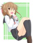  /\/\/\ 1girl black_legwear blush bottle brown_eyes brown_hair folded_ponytail hair_ornament inazuma_(kantai_collection) kantai_collection kazawa_(tonzura-d) milk open_mouth personification school_uniform serafuku short_hair skirt smile socks solo 