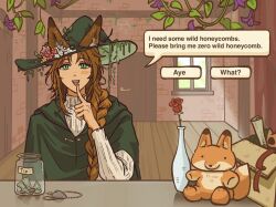  1boy :d androgynous animal_ears blanblan_che box braid brick_wall cardboard_box cloak counter degrees_of_lewdity door english_text finger_to_mouth flower fox_boy fox_ears freckles good_pizza_great_pizza green_cloak green_eyes green_hat gwylan_(degrees_of_lewdity) gwylan_(male)_(degrees_of_lewdity) hand_up hat hat_flower hood hood_down index_finger_raised indoors jar long_hair long_sleeves looking_at_viewer plant red_flower red_rose rose scene_reference shop sidelocks single_braid slit_pupils smile solo stuffed_fox sweater tareme teeth turtleneck turtleneck_sweater upper_body upper_teeth_only vase video_game_dialogue_box vines white_sweater window witch_hat wooden_floor 