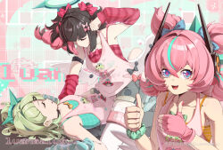  3girls absurdres aqua_streaks aria_(human)_(cuteness_loading)_(zenless_zone_zero) aria_(human)_(zenless_zone_zero) aria_(zenless_zone_zero) arm_warmers bare_shoulders black_hair blush bow character_print chinese_commentary choker closed_eyes commentary_request fighting from_side gloves green_arm_warmers green_hair green_halo grey_shorts hair_bow hair_ornament hairclip halo highres looking_at_viewer luanmaluguo multicolored_hair multiple_girls nangong_yu nangong_yu_(heartfelt_support) official_alternate_costume open_mouth pink_gloves pink_hair pink_nails pink_shirt pink_tank_top red_arm_warmers scrunchie shirt shorts streaked_hair striped_arm_warmers sunna_(delusions_in_business)_(zenless_zone_zero) sunna_(zenless_zone_zero) tank_top thigh-highs thumbs_up too_many_bows twintails upper_body white_thighhighs white_wings wings wrist_scrunchie zenless_zone_zero 