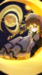  1girl absurdres black_bow blonde_hair bow commentary crescent-shaped_pupils crescent_moon dot_nose dress drill_hair drill_sidelocks frilled_dress frills full_body hair_between_eyes hat highres light_blush long_hair long_sleeves looking_at_viewer luna_child moon open_mouth pigeon-toed shooting_star sidelocks sitting sleeve_bow slippers socks solo star_(sky) star_(symbol) star_in_eye sun suwa_(au_swap) symbol-shaped_pupils symbol_in_eye touhou white_dress white_hat white_slippers white_socks yellow_eyes 