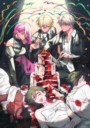  3boys 3girls absurdres alien_stage anniversary black_dress black_hair black_jacket black_necktie blonde_hair blood bow cake chest_bow chocorocotan dark-skinned_female dark_skin dress english_commentary flower food grey_hair highres hyuna_(alien_stage) ivan_(alien_stage) jacket layer_cake luka_(alien_stage) mizi_(alien_stage) multiple_boys multiple_girls necktie pink_hair red_flower sua_(alien_stage) suit_jacket till_(alien_stage) white_bow white_dress 