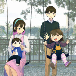 2boys 2girls absurdres aged_up alternate_costume alternate_hair_color antenna_hair aubrey_(faraway)_(omori) aubrey_(omori) black_eyes black_hair black_overalls black_sweater blue_eyes blue_hairband blue_sweater brown_hair closed_eyes collared_shirt commentary_request day dendenmushi1064 double-parted_bangs grey_eyes grin hair_between_eyes hairband heterochromia highres long_hair long_sleeves looking_at_another multicolored_hair multicolored_thighhighs multiple_boys multiple_girls omori on_swing open_mouth outdoors overall_skirt overalls parted_lips photo_background pink_hair pink_thighhighs shirt shirt_under_sweater short_hair sidelocks sitting smile spoilers striped_clothes striped_thighhighs sunny_(omori) sweater swing swinging_on_swing teeth thigh-highs tongue tree two-tone_hair two-tone_thighhighs upper_teeth_only white_shirt white_thighhighs 