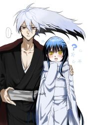  ... 1boy 1girl ? big_taido black_kimono blush commentary_request hair_between_eyes hand_on_another's_shoulder height_difference highres japanese_clothes jealous kimono long_hair looking_at_viewer multicolored_hair nura_rikuo nurarihyon_no_mago oikawa_tsurara open_mouth red_eyes ringed_eyes scarf simple_background two-tone_hair white_background white_kimono white_scarf yellow_eyes yuki_onna_(nurarihyon_no_mago) 