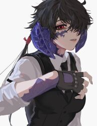  1girl au_ra black_gloves black_hair black_vest blue_horns blue_scales collared_shirt dragon_girl dragon_horns final_fantasy final_fantasy_xiv fingerless_gloves gloves hair_over_one_eye highres horns looking_at_viewer moth_ram nail_polish necktie original ponytail red_eyes red_ribbon ribbon scales shirt solo vest warrior_of_light_(ff14) white_shirt 