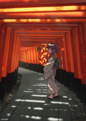  1girl blue_hair eluthel full_body fushimi_inari_taisha hair_rings highres idolmaster idolmaster_cinderella_girls japanese_clothes kimono kyoto_(city) looking_at_viewer multiple_torii real_world_location red_eyes sajo_yukimi smile solo sunlight torii 