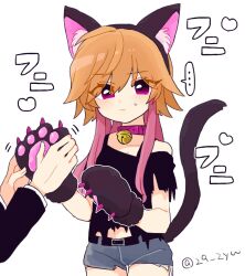  ... 29_zyu animal_ears animal_hands bell black_shirt blush cat_ears cat_paws cat_tail collar collarbone commentary_request hand_on_another's_hand highres idolmaster idolmaster_cinderella_girls jellyfish_cut long_eyelashes neck_bell ninomiya_asuka orange_hair pink_eyes pink_hair shirt shorts squishing sweatdrop tail torn_clothes torn_shirt torn_shorts 