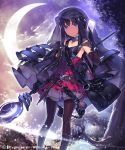  1girl armpits belt black_hair blue_eyes card clouds cloudy_sky dress gloves hood long_hair looking_at_viewer mckeee moon night night_sky original pantyhose shingeki_no_bahamut sky solo staff star star_(sky) starry_sky tree watermark weapon 