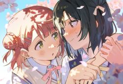  2girls arms_around_neck black_hair blue_shirt blush collared_shirt commentary_request falling_petals green_eyes hair_bun hair_ornament hairclip highres hug hug_from_behind looking_at_another love_live! love_live!_nijigasaki_high_school_idol_club medium_hair meobbab2 mifune_shioriko multiple_girls neck_ribbon nijigasaki_school_uniform petals pink_hair red_eyes ribbon school_uniform shirt single_side_bun summer_uniform uehara_ayumu yuri 