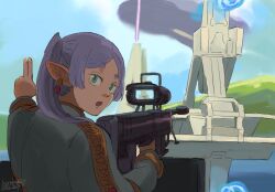  anti-materiel_rifle aqua_eyes bipod blue_sky capelet cas-class_assault_carrier dated earrings east-west_crossover elf frieren gondola gun halo_(series) halo_2 hand_up highres holding holding_gun holding_weapon jewelry kanokoga long_hair looking_at_viewer looking_back military_vehicle open_mouth pointy_ears rifle scene_reference science_fiction scope short_eyebrows sidelocks signature sky sniper_rifle sousou_no_frieren spacecraft srs99 tower twintails water weapon white_capelet white_hair 