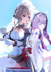  2girls 310setsu back-to-back bare_shoulders black_hair black_sleeves blue_eyes blush breasts brown_hair closed_eyes closed_mouth columbina_(genshin_impact) commentary_request cup day detached_sleeves dress eye_mask genshin_impact gloves hands_up highres holding holding_cup holding_saucer long_hair long_sidelocks mask medium_breasts multicolored_hair multiple_girls open_mouth outdoors purple_hair sandrone_(genshin_impact) saucer short_hair_with_long_locks sidelocks sitting smile strapless strapless_dress teacup thigh-highs very_long_hair white_dress white_gloves white_thighhighs 