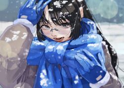  1girl black_hair blue_bow blue_gloves blue_scarf blurry blurry_edges bow brown_coat coat commentary_request day fur-trimmed_gloves fur_trim glasses gloves grey_eyes hand_on_own_head highres large_bow long_hair looking_at_viewer looking_over_eyewear nose_pads open_mouth original outdoors red_lips scarf shisei_121 smile snow snow_on_head snowing solo upper_body winter 
