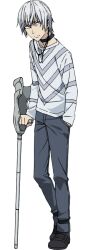  1boy accelerator_(toaru_majutsu_no_index) albino artist_request black_shoes cable choker closed_mouth collarbone crutch diagonal-striped_clothes diagonal-striped_shirt full_body grey_pants grey_shirt hand_in_pocket holding_crutch long_sleeves looking_at_viewer male_focus official_art pants second-party_source shirt shoes short_hair simple_background solo standing striped_clothes striped_shirt tachi-e toaru_kagaku_no_accelerator toaru_majutsu_no_index toaru_majutsu_no_index:_old_testament transparent_background white_hair white_shirt 