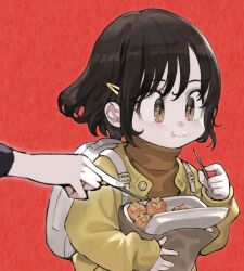  2girls :t backpack bag big_sister_(navigavi) black_hair blush bonito_flakes brown_bag brown_eyes chewing child closed_mouth eating food hair_ornament hairclip highres holding holding_bag holding_food holding_skewer jacket jun_(navigavi) little_sister_(navigavi) long_sleeves looking_to_the_side multiple_girls nose_blush orange_sweater original paper_bag reaching red_background short_hair siblings sisters skewer solo_focus sparkling_eyes sweater takoyaki turtleneck turtleneck_sweater upper_body white_bag yellow_jacket 