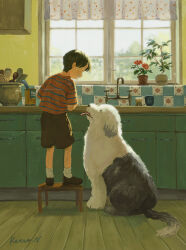  1boy animal black_hair black_shoes bowl brown_shirt brown_shorts cabinet child commentary crew_neck curtains day dog facing_down facing_to_the_side faucet from_behind indoors kitchen male_focus on_stool open_can original pet plant potted_plant retro_nakamura rolling_pin shirt shoes short_hair short_sleeves shorts signature slice_of_life socks spoon standing step_stool stool striped_clothes striped_shirt t-shirt tile_wall tiles untranslatable_commentary very_short_hair white_socks window wooden_floor 