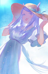  1girl animal_ears aqua_bow blush bow breasts collarbone dress ears_through_headwear hat highres horse_ears horse_girl horse_tail long_hair mejiro_mcqueen_(umamusume) neko_juu open_mouth purple_hair short_sleeves sky small_breasts smile solo sun_hat sundress tail teeth umamusume upper_teeth_only violet_eyes white_dress 
