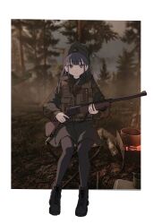  1girl absurdres animification beanie black_boots black_hair black_hat black_pantyhose blue_eyes blue_hair boots border brown_jacket campfire closed_mouth commentary_request escape_from_tarkov fluf.p forest full_body game_screenshot_background genderswap genderswap_(mtf) green_jacket gun hat highres holding holding_gun holding_weapon jacket jaeger_(escape_from_tarkov) korean_commentary long_sleeves looking_at_viewer military mts255 nature outdoors outside_border pantyhose rifle screenshot_background serious sitting solo tree weapon white_border 