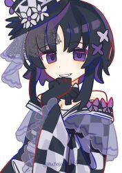  1girl absurdres artist_name bare_shoulders black_gloves black_hair black_hat black_kimono butterfly_hair_ornament butterfly_hat_ornament checkered_sleeves commentary_request dot_nose dress flower frilled_sleeves frills furisode gloves hair_ornament hat hat_flower hat_ornament highres housho_margo japanese_clothes kimono lolita_fashion long_sleeves looking_at_viewer mahou_shoujo_no_majo_saiban manosaka665 neck_ribbon off-shoulder_dress off_shoulder ribbon short_hair signature simple_background smile solo teeth top_hat twitter_username upper_body violet_eyes wa_lolita white_background wide_sleeves 