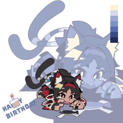 1girl animal_ear_fluff animal_ears black_hair cable cable_tail cat_ears cat_girl chibi chibi_only full_body hairband happy_birthday highres mechanical_tail multiple_tails nekomiya_mana open_mouth red_hairband solo tail tears two_tails washan zenless_zone_zero 