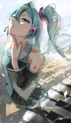  1girl absurdres aqua_eyes aqua_hair aqua_necktie aqua_trim black_boots black_skirt black_sleeves boots commentary_request detached_sleeves ekaki_panda english_text grey_shirt hatsune_miku headset highres miniskirt necktie perspective piano_keys pleated_skirt shirt skirt sleeveless sleeveless_shirt solo thigh_boots vocaloid 