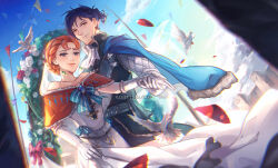  1boy 1girl alternate_costume annette_fantine_dominic bird blue_eyes blue_hair blush commentary couple dove earrings english_commentary felix_hugo_fraldarius fire_emblem fire_emblem:_three_houses hetero highres holding_another's_wrist jewelry luna_chai orange_hair outdoors 