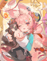  1girl absurdres aiza-ku anger_vein animal animal_ear_fluff animal_ear_piercing animal_ears animal_hands apple artist_name black_skirt blush body_fur braid bright_pupils cake cake_slice carrot cat chinese_commentary claws coffee commentary_request creature cup cupcake doughnut ear_piercing food fruit furry furry_female hair_ornament hairclip heart highres holding holding_animal holding_cat holding_creature jewelry long_hair long_sleeves looking_at_viewer one_eye_closed open_mouth pawpads piercing pink_hair rabbit rabbit_ears rabbit_girl red_eyes red_ribbon ribbon shirt skirt smile solo spoken_anger_vein tail teacup teeth twin_braids upper_teeth_only very_long_hair white_pupils zenless_zone_zero zhao_(zenless_zone_zero) 