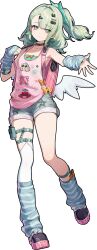  1girl aria_(human)_(zenless_zone_zero) aria_(zenless_zone_zero) arm_warmers bag black_choker black_shoes bow character_print choker closed_mouth full_body green_arm_warmers green_eyes green_hair green_leg_warmers green_nails green_shorts hair_ornament hairclip highres leg_warmers looking_at_viewer medium_hair multicolored_shoes multiple_hairclips nangong_yu offering_hand official_alternate_costume official_art orange_bow pink_bag pink_bow pink_shoes self_character_print shoes shorts simple_background single_thighhigh sleeveless solo standing star_(symbol) striped_arm_warmers striped_leg_warmers sunna_(delusions_in_business)_(zenless_zone_zero) sunna_(zenless_zone_zero) thigh-highs thigh_strap transparent_background two-tone_shoes white_thighhighs white_wings winged_bag wings yellow_bow zenless_zone_zero 