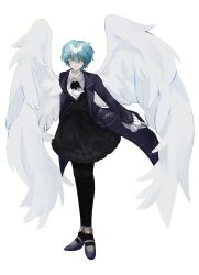 1girl angel_wings angela_(project_moon) ascot black_pantyhose black_skirt black_vest blue_coat blue_hair brooch closed_mouth coat collared_shirt dress feathered_wings frilled_skirt frilled_sleeves frills full_body highres jewelry library_of_ruina long_sleeves looking_at_viewer pants pantyhose project_moon shirt shoes short_hair simple_background skirt smile solid01 solo vest white_ascot white_background white_shirt white_wings wings yellow_eyes 