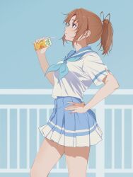  1girl absurdres blue_skirt brown_hair commentary_request from_side hand_on_own_hip hibike!_euphonium highres juice kitauji_high_school_uniform looking_up nakagawa_natsuki orange_juice ponytail product_placement school_uniform shirt skirt smile solo tropicana white_shirt yk0614animation 