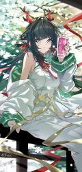  1girl absurdres alternate_costume arknights arknights:_endfield bare_shoulders black_hair breasts commentary cup dragon_girl dragon_horns dress eastern_dragon_horns fence foot_out_of_frame green_eyes green_hair highres holding holding_cup horns jacket juice large_breasts long_hair long_sleeves looking_at_viewer multicolored_hair on_fence outdoors pear_blossoms pointy_ears red_hair red_horns rena31415926 sitting sitting_on_fence smile solo tree undressing untranslatable_commentary white_dress white_jacket white_sleeves zhuang_fangyi_(arknights) 