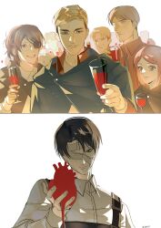  1girl 1other 4boys absurdres alcohol bandage_over_one_eye bandaged_head bandages black_hair blonde_hair brown_eyes brown_hair brown_jacket cloak closed_mouth collared_shirt commentary_request crowd cup diaris115 drinking_glass erwin_smith eyepatch facial_hair glasses green_cloak hange_zoe heart_(organ) highres holding holding_cup holding_heart_(organ) jacket korean_commentary levi_(shingeki_no_kyojin) medium_hair mike_zacharias multiple_boys open_mouth paradis_military_uniform parted_bangs petra_ral ponytail red_wine shingeki_no_kyojin shirt short_hair smile stubble swept_bangs twitter_username white_background white_shirt wine wine_glass 