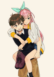  1boy 1girl :t absurdres antenna_hair aubrey_(faraway)_(omori) aubrey_(omori) black_eyes black_socks black_sweater_vest blue_eyes blue_skirt blush boots brown_boots brown_shorts carrying closed_mouth collared_shirt commentary_request dendenmushi1064 denim denim_skirt grey_background grey_eyes heterochromia highres holding holding_unworn_boots holding_unworn_clothes jacket long_hair looking_at_another nervous_smile nervous_sweating omori one_eye_closed open_mouth piggyback pink_hair pout scar scar_across_eye scar_on_face shirt short-sleeved_jacket short_hair short_sleeves shorts simple_background skirt smile socks spoilers sunny_(omori) sweat sweater_vest unworn_boots white_jacket white_shirt 