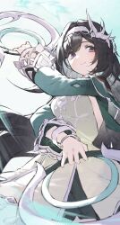  1girl absurdres bird_hair_ornament black_hair breasts chakram closed_mouth commentary cowboy_shot dress dual_wielding earrings english_commentary genshin_impact green_dress hair_ornament highres holding holding_chakram holding_weapon jewelry lan_yan_(genshin_impact) long_hair long_sleeves looking_at_viewer medium_breasts silver_hairband smile solo sparrow4193941 very_long_hair violet_eyes weapon 