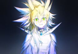  1boy alien_888 antenna_hair arms_at_sides black_background blonde_hair coat commentary crack_of_light evil_smile eyes_visible_through_hair facial_mark facing_viewer green_eyes hair_between_eyes high_collar highres kuaidul_velgear long_hair long_sleeves looking_ahead male_focus shoulder_pads smile spiky_hair upper_body vignetting white_coat yu-gi-oh! yu-gi-oh!_go_rush!! 