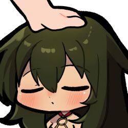  1girl bird_girl blush closed_eyes closed_mouth commission commissioner_upload emoticon fire_emblem fire_emblem:_radiant_dawn gliesse82_5 green_hair hair_between_eyes hand_on_another's_head headpat laguz_(fire_emblem) o-ring o-ring_top solo_focus vika_(fire_emblem) 