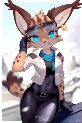  1girl adjusting_eyewear ancesra animal_ears animal_nose black_bodysuit black_gloves blue_eyes blue_scarf body_fur bodysuit border breasts brown_fur cat_ears cat_girl closed_mouth ear_tufts earrings furry furry_female gloves grey_bodysuit highres jacket jewelry looking_at_viewer miyu_lynx multicolored_bodysuit outdoors scarf small_breasts smile solo star_fox star_fox_2 sunglasses tail two-tone_bodysuit white_border white_jacket 