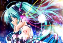 1girl aqua_hair bare_shoulders cable closed_eyes closed_mouth commentary_request detached_sleeves floating_hair from_side hands_on_headphones hands_up hatsune_miku headphones highres long_hair long_sleeves profile roozaku shirt sleeveless sleeveless_shirt solo twintails vocaloid 