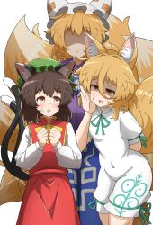  3girls :< absurdres animal_ear_fluff animal_ear_piercing animal_ears animal_hat blonde_hair blue_tabard blush bow bowtie brown_eyes brown_hair cat_ears cat_tail chen closed_mouth commentary_request covered_navel dress earrings fox_ears fox_girl fox_tail green_hat green_ribbon hair_between_eyes hands_in_opposite_sleeves hat highres hoop_earrings jewelry kitsune kudamaki_tsukasa long_sleeves medium_hair mob_cap multiple_girls multiple_tails neck_ribbon nekomata open_mouth red_skirt red_vest ribbon romper shaded_face shirt short_sleeves single_earring skirt sleeve_ribbon smile sweat tabard tail touhou two_tails vest white_dress white_hat white_romper white_shirt yakumo_ran yamabikoyahoo yellow_bow yellow_bowtie yellow_eyes 
