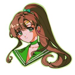  1girl bishoujo_senshi_sailor_moon brown_hair choker closed_mouth earrings flower_earrings green_choker green_eyes green_sailor_collar hair_bobbles hair_ornament hair_over_shoulder highres jewelry kino_makoto long_hair looking_at_viewer negi_(fufufuyu) parted_bangs ponytail portrait sailor_collar sailor_jupiter sailor_senshi_uniform school_uniform serafuku sidelocks solo tiara upper_body white_background 