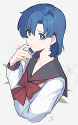  1girl bishoujo_senshi_sailor_moon blue_eyes blue_hair commentary_request cropped_torso earrings hayabusa_(vert_320) highres jewelry mizuno_ami red_ribbon ribbon school_uniform short_hair white_background 