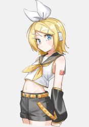  1girl belt black_sailor_collar black_shorts black_sleeves blonde_hair blue_eyes bow breasts crossed_legs detached_sleeves grey_background hair_bow hair_ornament hairclip headphones highres hiiragi_1121 kagamine_rin looking_at_viewer midriff navel neckerchief number_tattoo parallel_hairclips sailor_collar shirt short_hair shorts simple_background sleeveless sleeveless_shirt small_breasts tattoo treble_clef vocaloid white_bow white_shirt yellow_belt yellow_neckerchief yellow_trim 