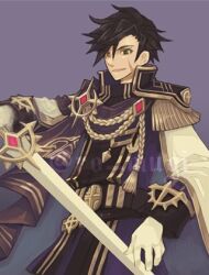  1boy black_coat black_eyes black_hair black_hat cape coat commentary_request cross epaulettes gloves grin hat holding holding_sword holding_weapon king_schmidt looking_at_viewer lowres male_focus military_dress_uniform military_uniform protected_link purple_background purple_shirt ragnarok_online ro_mugi scar scar_on_cheek scar_on_face shirt simple_background smile solo sword tassel upper_body weapon white_cape white_gloves 