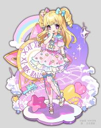  1girl :d absurdres blonde_hair blue_bow bow bowtie bracelet center_frills dress footwear_bow frilled_dress frilled_thighhighs frills full_body grey_background hair_bow hand_on_own_cheek hand_on_own_face highres idol_time_pripara jewelry long_hair looking_at_another owoxxxc pink_bow pink_dress pink_thighhighs pretty_series print_dress print_thighhighs pripara purple_bow purple_bowtie shoes short_sleeves sidelocks simple_background smile solo standing standing_on_one_leg star_(symbol) star_print thigh-highs two_side_up violet_eyes white_shoes yumekawa_yui 