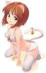  1girl :d animal_ears bare_shoulders bell bra breasts brown_hair cat_ears cat_tail cleavage fang kneeling open_mouth original panties smile solo tail tail_bell thighhighs underwear white_bra white_legwear white_panties yellow_eyes zizi_(zz22) 