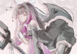  1girl alternate_costume bandaged_arm bandages bare_shoulders black_dress black_hair black_ribbon black_sleeves black_thighhighs blunt_bangs border breasts bright_pupils colored_inner_hair columbina_(genshin_impact) commentary covering_own_mouth demon_girl demon_tail demon_wings detached_sleeves dress feathered_wings feet_out_of_frame genshin_impact gradient_hair grey_border hair_ornament hand_up head_wings heart highres holding holding_polearm holding_weapon index_finger_raised lace lace_border long_hair long_sleeves looking_at_viewer medium_breasts multicolored_hair multiple_wings one_eye_closed ornate_border pink_background polearm purple_hair ribbon shadow short_dress sidelocks simple_background single_detached_sleeve single_thighhigh sleeveless sleeveless_dress solo sparkle sumiure tail thigh-highs torn_clothes torn_thighhighs trident two-tone_hair untranslatable_commentary very_long_hair violet_eyes weapon white_pupils wide_sleeves wings x_hair_ornament 